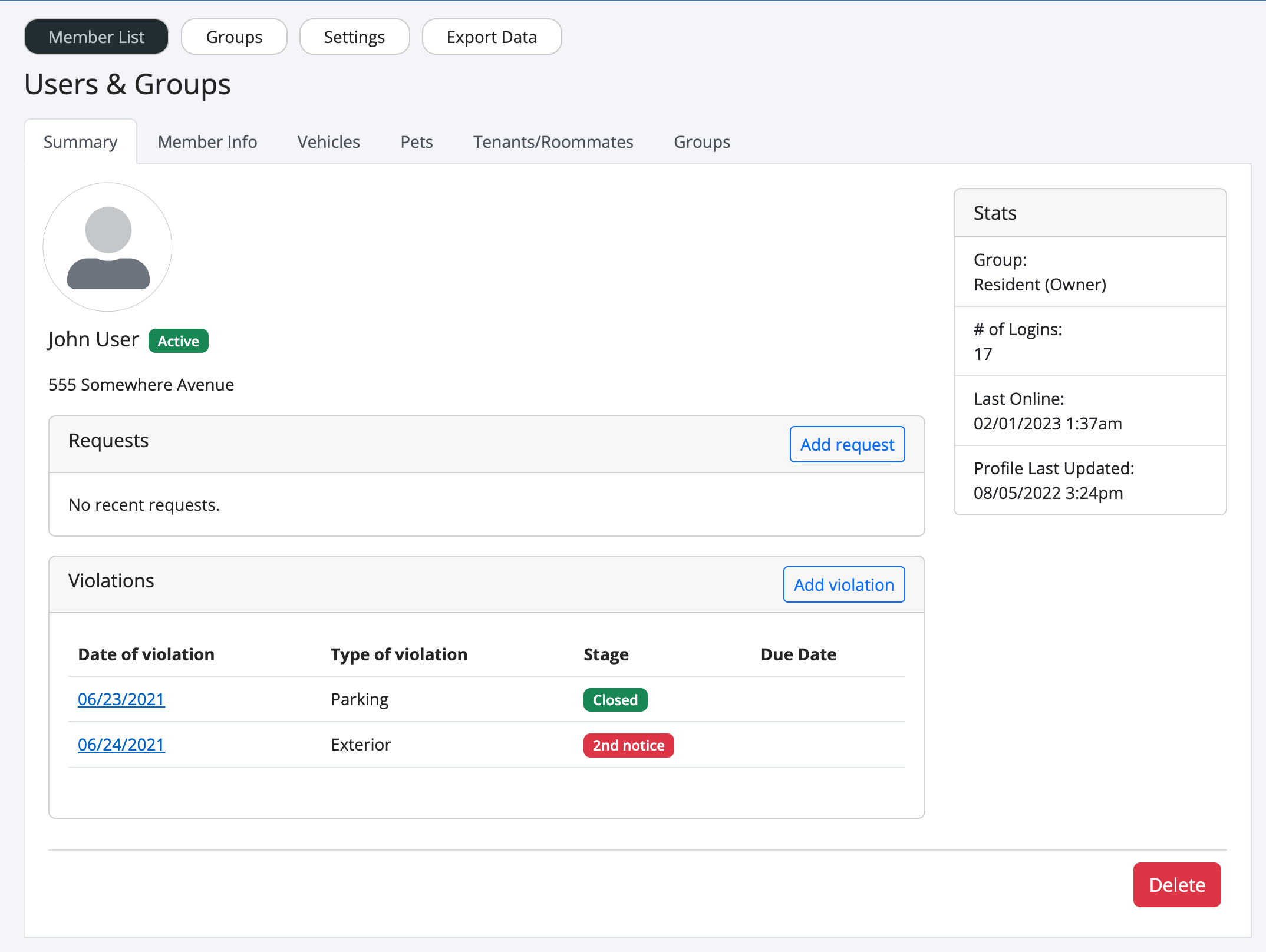 Image of Users & Groups Summary Tab with Violations Component