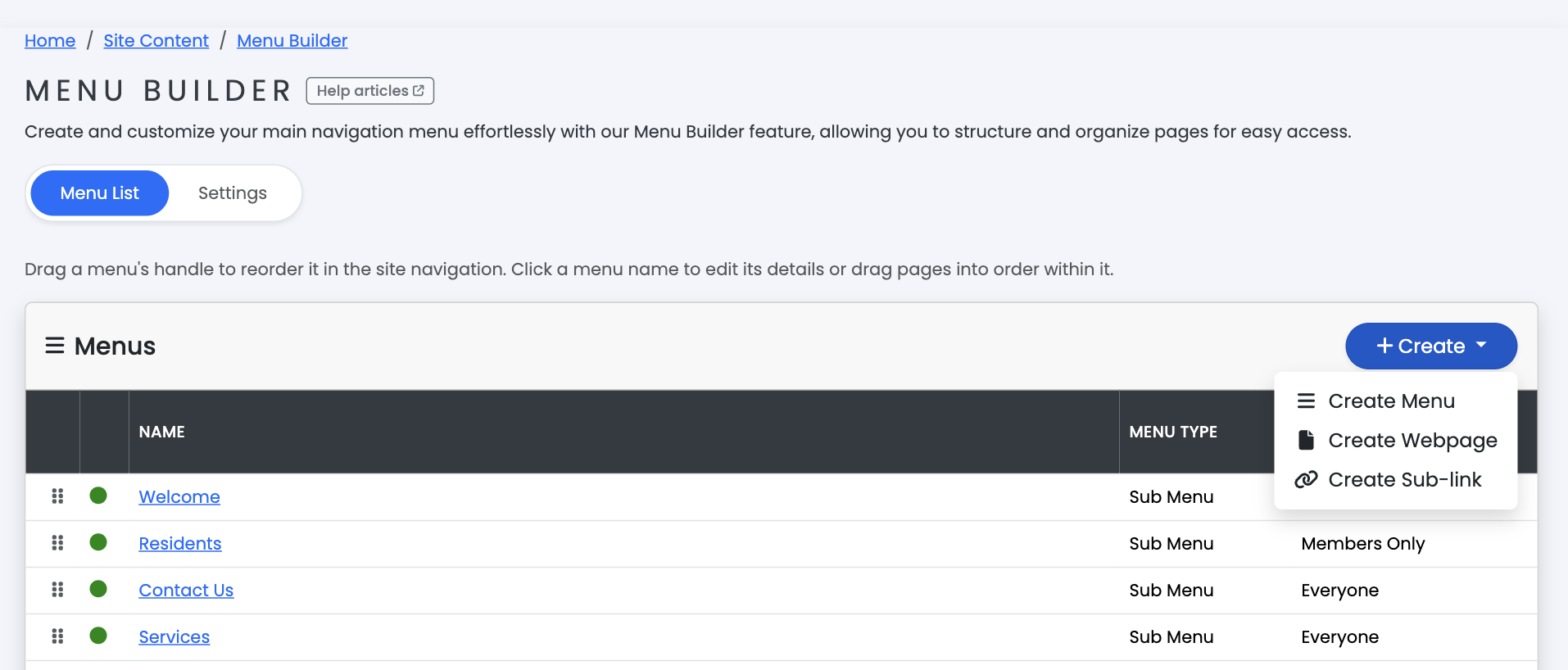 Screenshot of the pages-within-a-menu table in Menu Builder, showing the drag handle column, status column, Preview link column, page name, view count, and Updated column