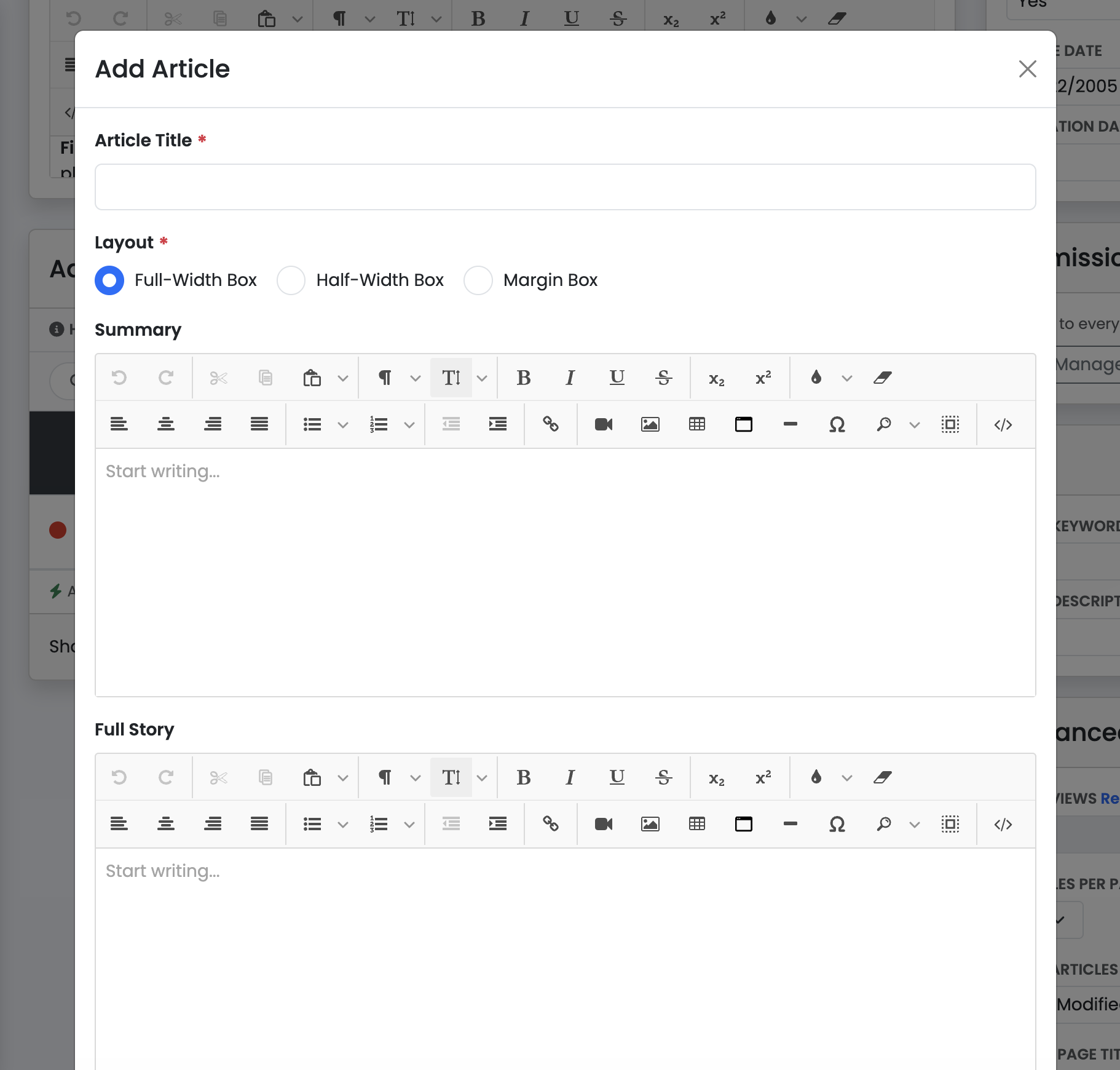 Screenshot of the Add Article popup, showing the Title field, the three Layout radio options, the Headlines and Body text editors, and the Visibility choice