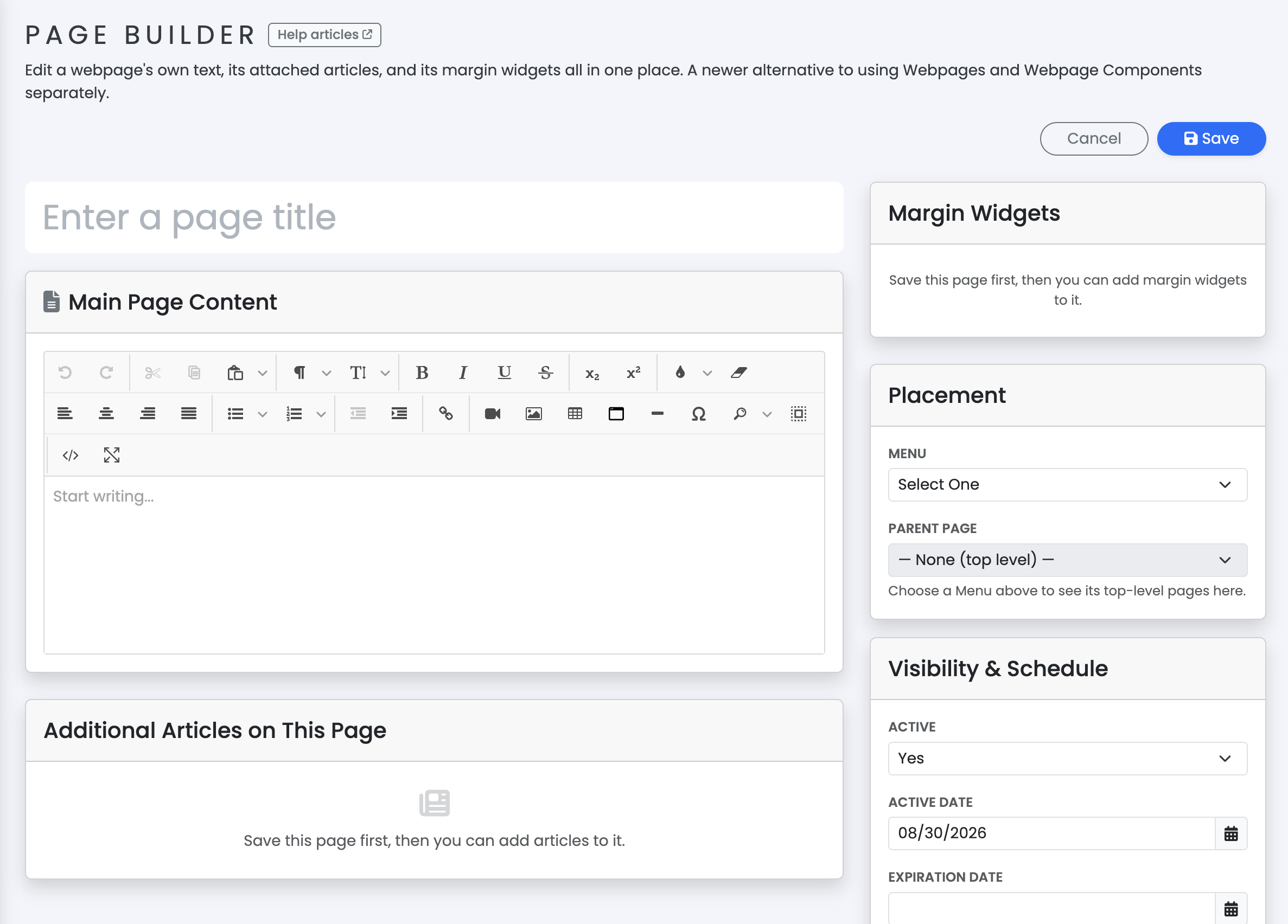 Screenshot of the Page Builder Create Webpage screen, showing the Page Title field, Main Page Content editor, and the Placement, Visibility & Schedule, Permissions, SEO, and Advanced Settings cards in the right-hand column