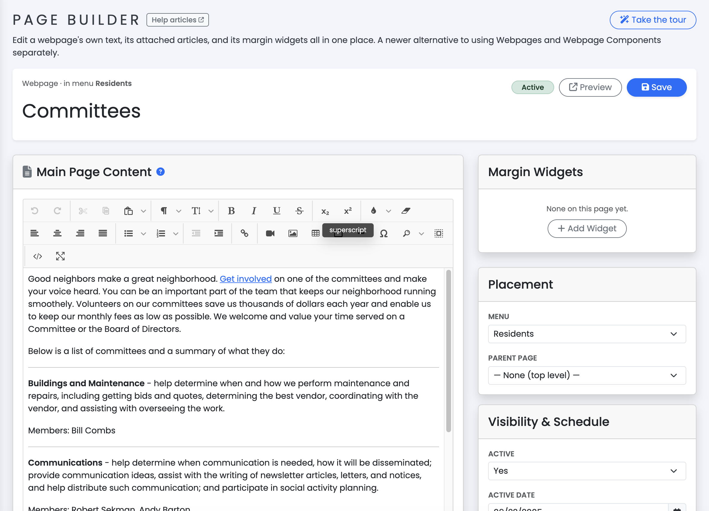 Screenshot of the Page Builder editor screen for an existing webpage, showing the header with status badge and Save button, the Main Page Content and Additional Articles sections in the main column, and Margin Widgets and page-settings cards in the right-hand column