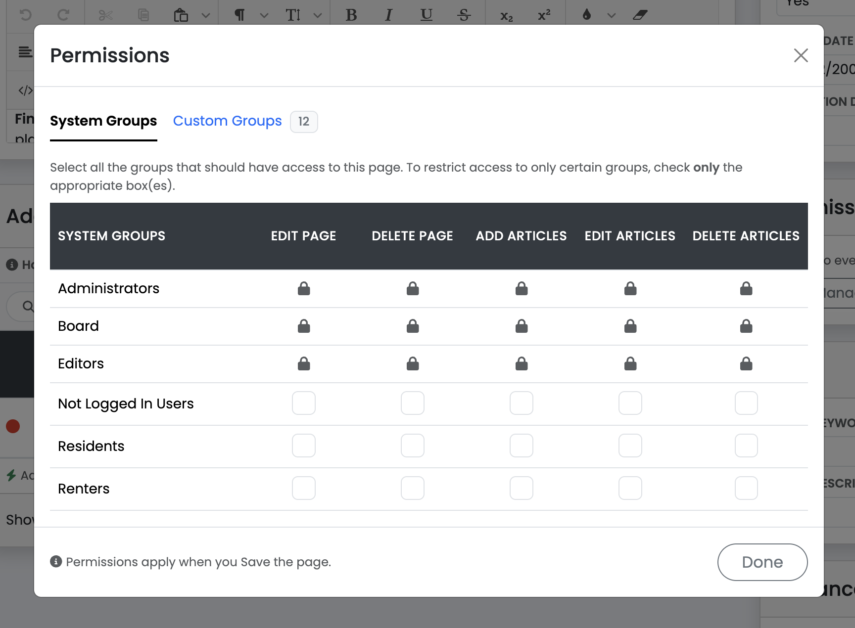 Screenshot of the Permissions modal, System Groups tab, showing the locked Administrators/Board/Editors rows and the editable Not Logged In Users, Residents, and Renters rows with their view/edit/delete/add-articles/edit-articles/delete-articles checkboxes